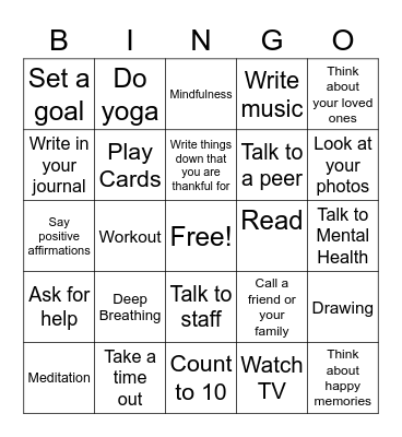 Coping Skills Bingo Card