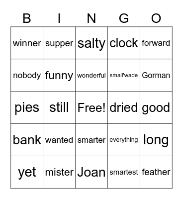 Lesson 50 Bingo Card