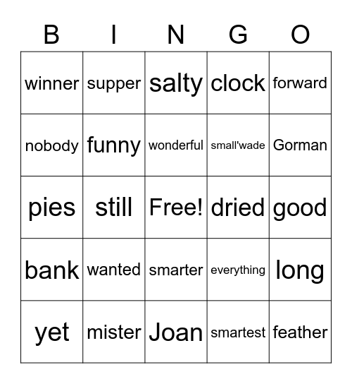 Lesson 50 Bingo Card