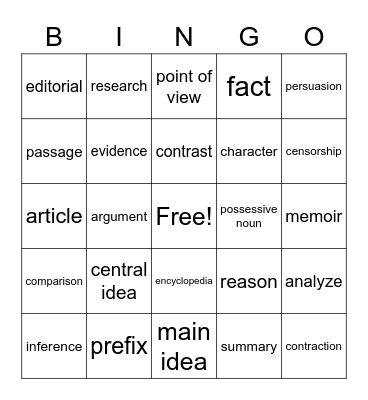 English BINGO Card