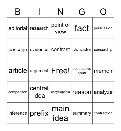 English BINGO Card