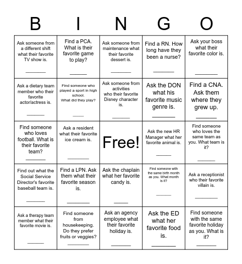 Buffalo Valley Staff Bingo Card