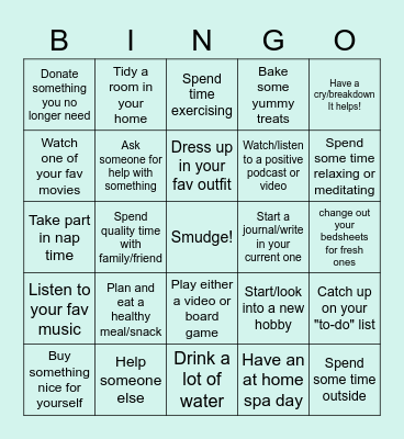 Study Week Self Care Bingo Card