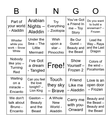 Disney Music Bingo Card