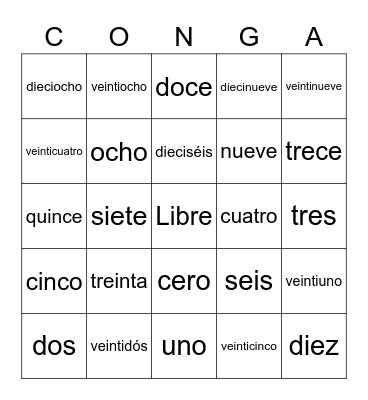 Los Números 0-30 Bingo Card