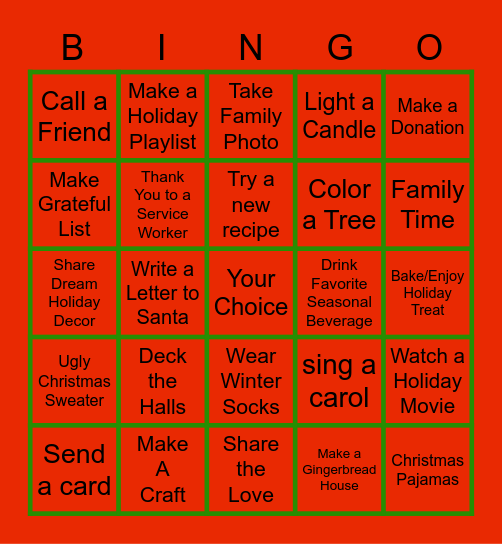PIF Indoor Christmas Bucket List Bingo Card