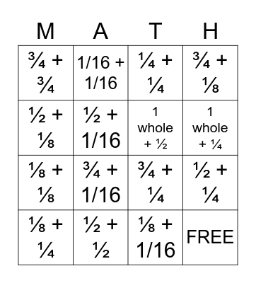 Fraction Bingo Card