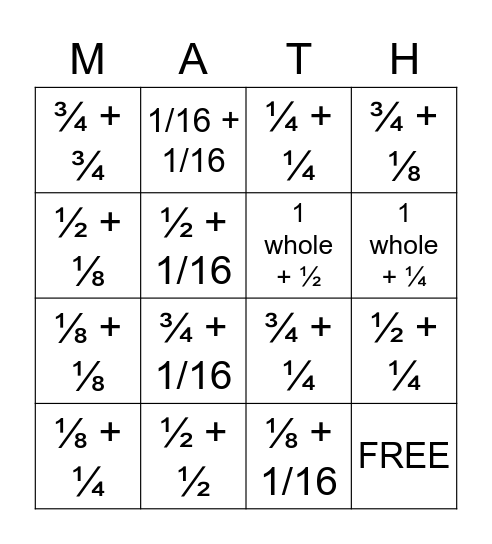 Fraction Bingo Card