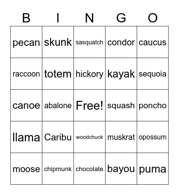 English words from Indigenous language Bingo Card