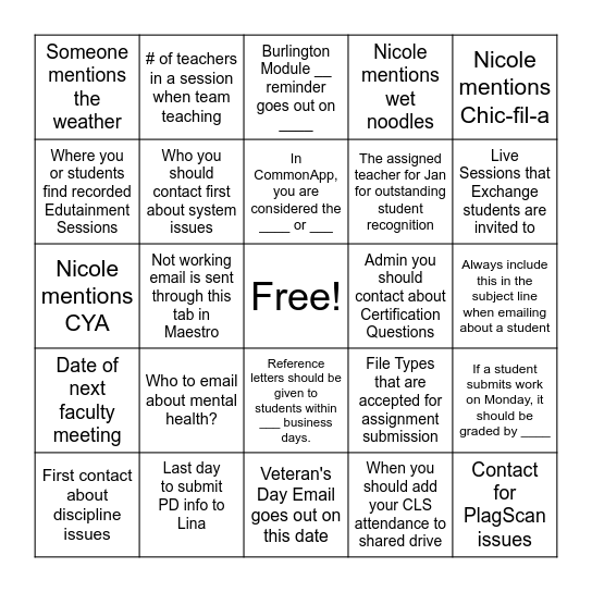 Faculty Meeting - DATE Bingo Card