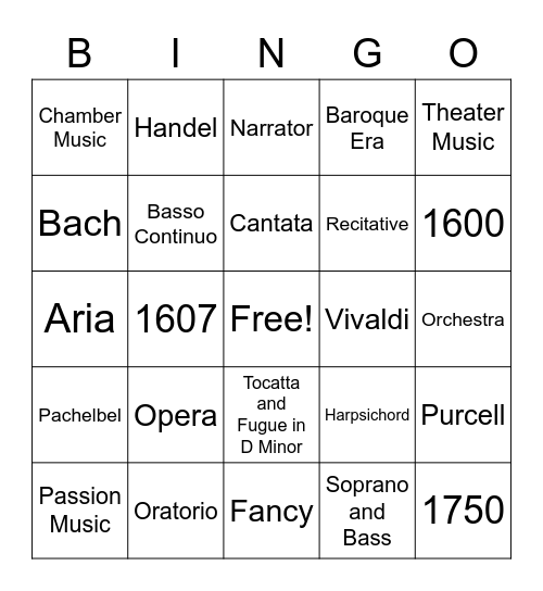 Baroque Era More Cards Bingo Card