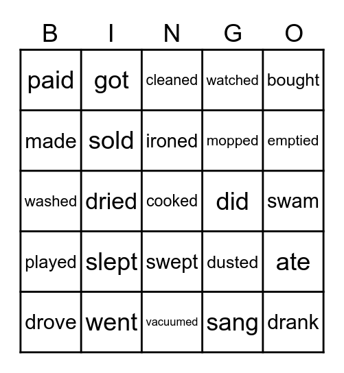 Past Tense Bingo Card