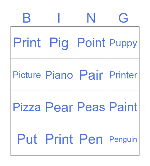The Letter P Bingo Card