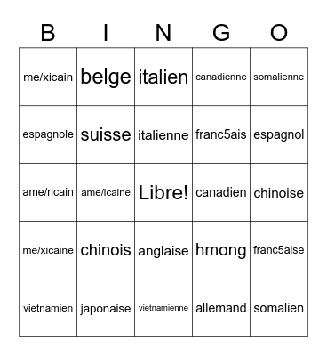 Nationalities in French Bingo Card