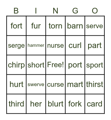 R Controlled Vowels Bingo Card
