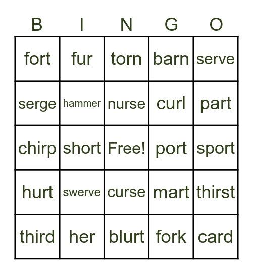 R Controlled Vowels Bingo Card