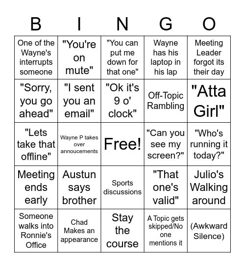 9AM Meeting Bingo Card