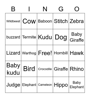 Safari Bingo Card