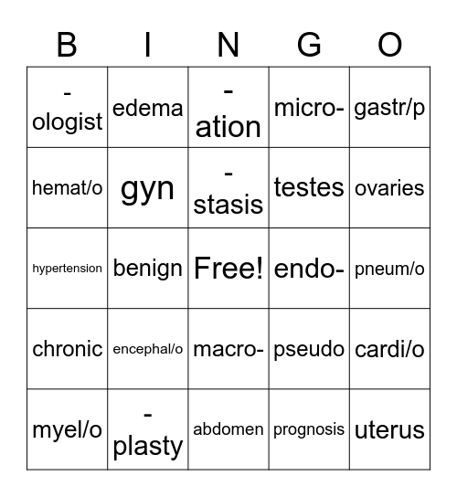 MEDICAL TERMINOLOGY Bingo Card