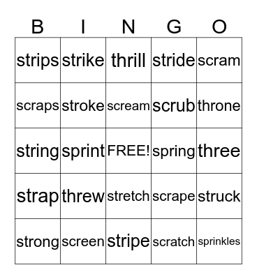 THREE LETTER BLENDS: str,spr, scr, etc. Bingo Card