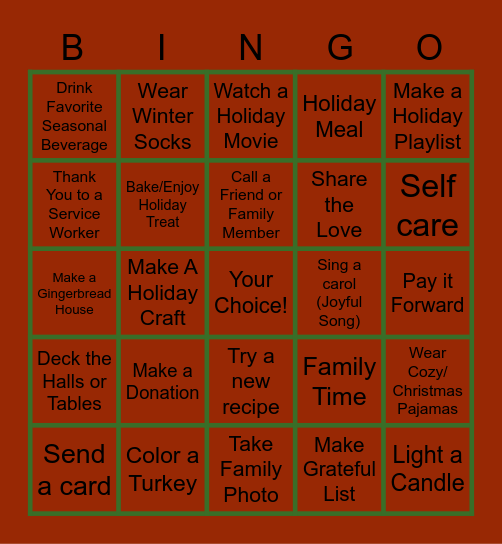 PIF Christmas Indoor Bucket List Bingo Card