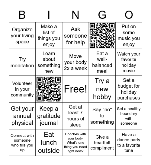 Holiday Self-Care Bingo Card