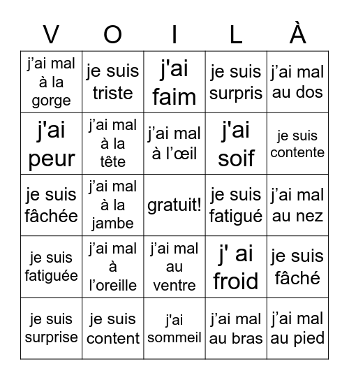 J'ai Mal Bingo Card