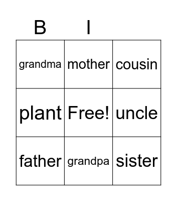 Family members Bingo Card
