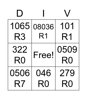 Long Division Bingo Card