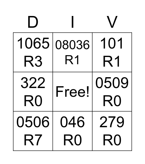 Long Division Bingo Card