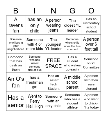 YOUNG LIFE PEOPLE BINGO Card