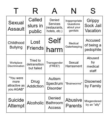 Transgender Trauma Bingo Card