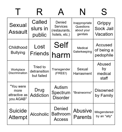 Transgender Trauma Bingo Card