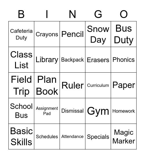 Teacher Stuff Bingo Card