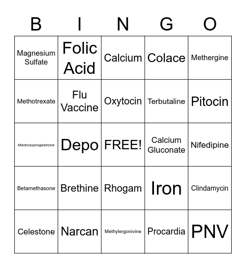 OB Medication BINGO Card