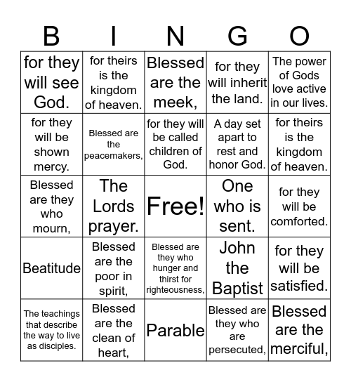 The Beatitudes Bingo Card