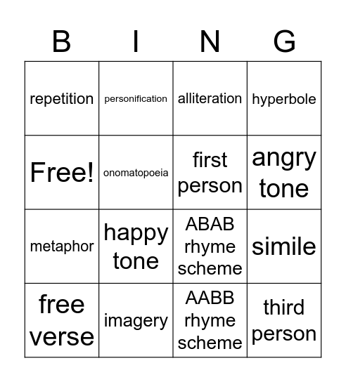 Poetry Bingo Card