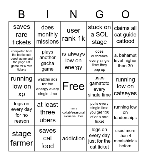 battle cats bingo Card