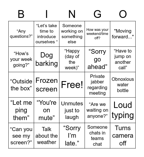Work Meeting Bingo Card