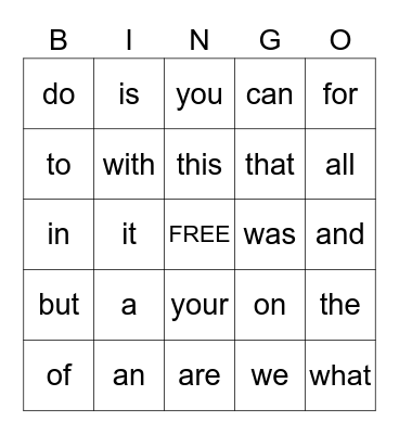 First 25 Sight Words Bingo Card