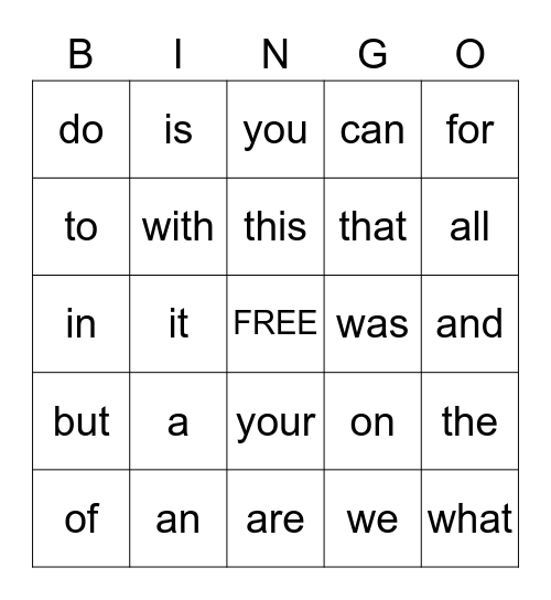 First 25 Sight Words Bingo Card