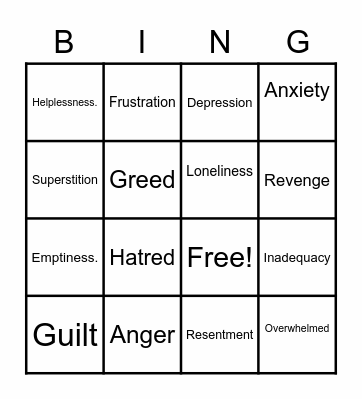Negative Feelings Bingo Card