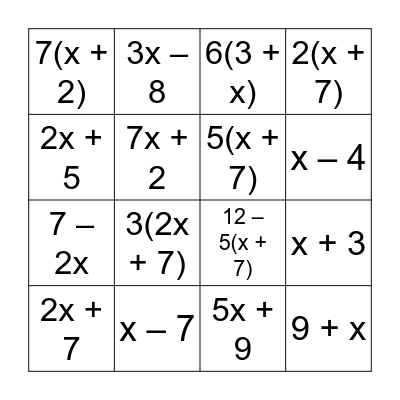 Worded Algebra Bingo Card