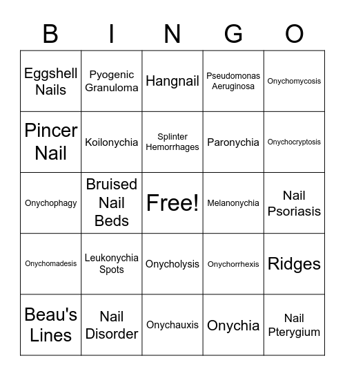 Ch. 10 NAIL DISORDERS & DISEASES Bingo Card