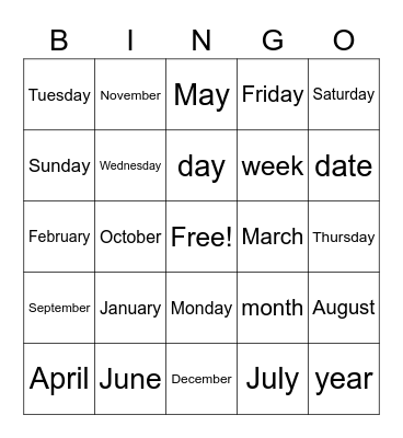 Months and Days of the Week Bingo Card