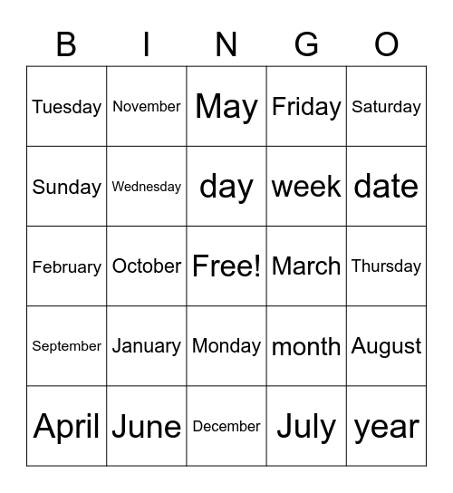 Months and Days of the Week Bingo Card