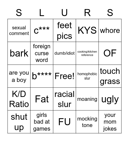 Vulgar Bingo Card