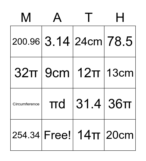 Area/Circumference Bingo Card