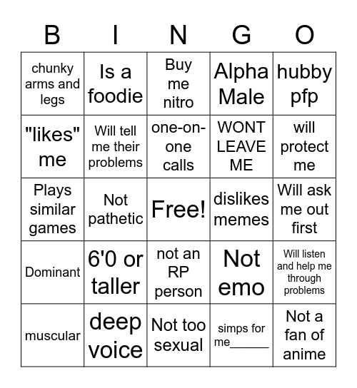 Hubby Bingo Card