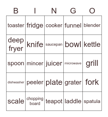 Kitchen Bingo Card